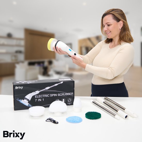 Brosse de nettoyage électrique Brixy - Brosse à récurer extensible - Sans fil - 8 accessoires - Brosse à récurer - Blanc