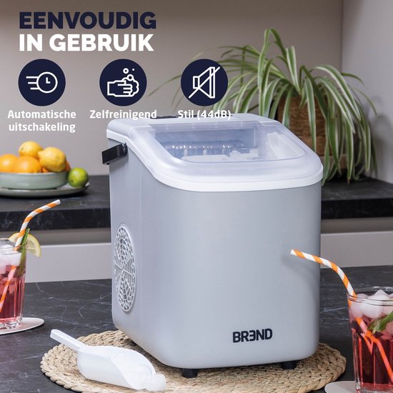 BREND BR-2213 Machine à glaçons avec cuillère et plateau d'égouttage - Grands L ou petits S glaçons - Machine à glaçons portable - 10 kg en 24 heures - Gris