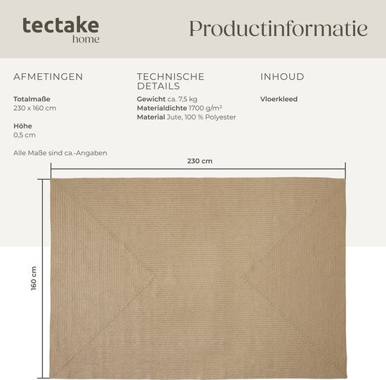 tectake® Tapis tressé - Style bohème - Tapis en jute pour l'intérieur - Durable, facile d'entretien, indéformable et anti-allergique - Tapis vintage - Tailles div. - 160x230 cm