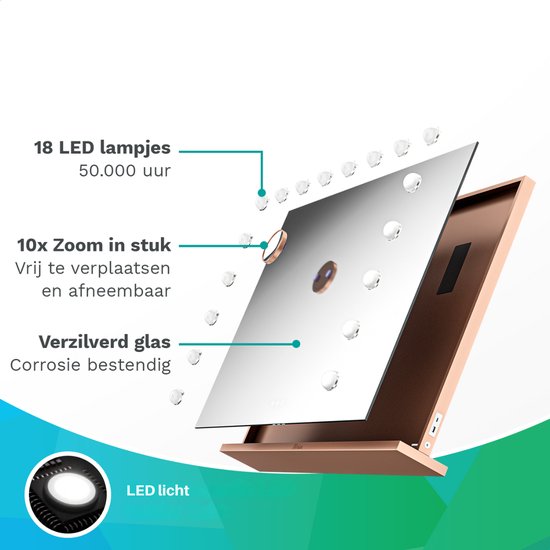 Mirlux Hollywood Mirror 80x60CM - 2 haut-parleurs Bluetooth - ports de charge USB et USB-C - éclairage LED - miroir de maquillage - zoom 10x - suspendu - or rose