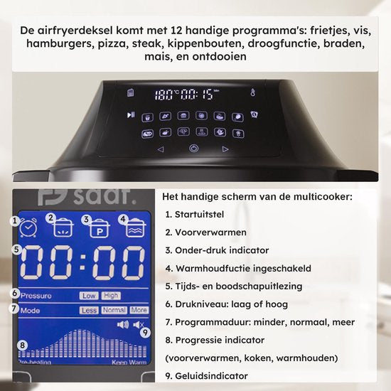 Multicuiseur avec Airfryer - 15 pièces - 6L - 24 programmes automatiques - Mijoteuse, cuiseur de riz, cuiseur vapeur, autocuiseur - Gris - de Saaf