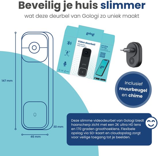 Gologi Video Doorbell - Sonnette intelligente avec caméra et WiFi - Qualité vidéo HD - Sans fil sur batterie - Support mural et carillon inclus - Vision nocturne - Résistant à l'eau - Noir