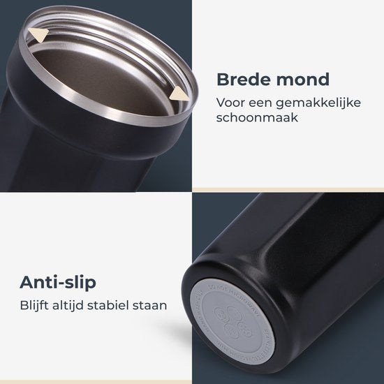 Castagnola Thermos Cup - Coffee Mug To Go - Travel Mug for Coffee and Tea - Tea Mug - 380 ML - Stainless Steel - Black - Octagon