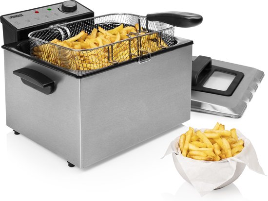 Princess Fryer 185000 - Grande friteuse - 1 grand et 2 petits paniers - 5 litres - 3270W - Hublot de visualisation - Zone froide - Filtre anti-odeurs