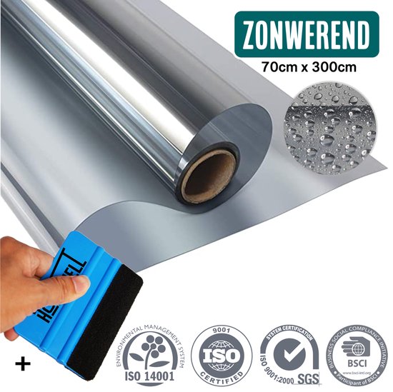Homewell Film isolant HR+ pour fenêtres 70x300cm - Film solaire statique avec effet miroir - Argent (incl. Rakel)