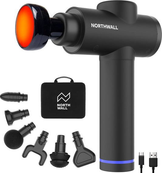 Northwall Massage Gun Professional Prime - Pistolet de massage avec étui et 7 accessoires dont une tête de massage à chaleur - Appareil de massage sportif et de relaxation puissant et sans fil