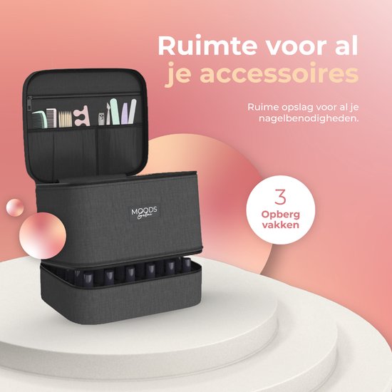 Moods Gellac® - Trousse de rangement pour vernis à ongles - Trousse d'organisation pour vernis à ongles - Pour 30 flacons - Avec séparateurs amovibles - Rangement de la lampe UV et des accessoires de manucure - Trousse de beauté portable - Double couche -