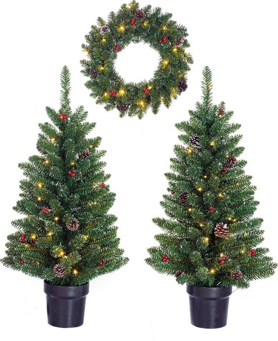 Black Box Trees Creston Ensemble de 2 arbres de Noël et 1 couronne avec lumières LED - Vert