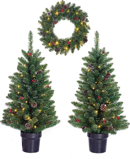 Black Box Trees Creston Ensemble de 2 arbres de Noël et 1 couronne avec lumières LED - Vert