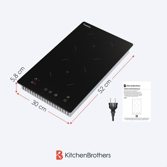 KitchenBrothers Table de cuisson à induction - Table de cuisson à induction encastrable - 30 cm - 2 zones - 1 phase - jusqu'à 3300W - noir