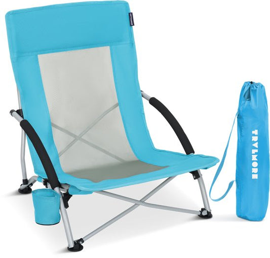 TRVLMORE Chaise de plage - pliable et démontable - capacité de charge de 120 kg - légère - avec sac de transport et porte-gobelet - bleu
