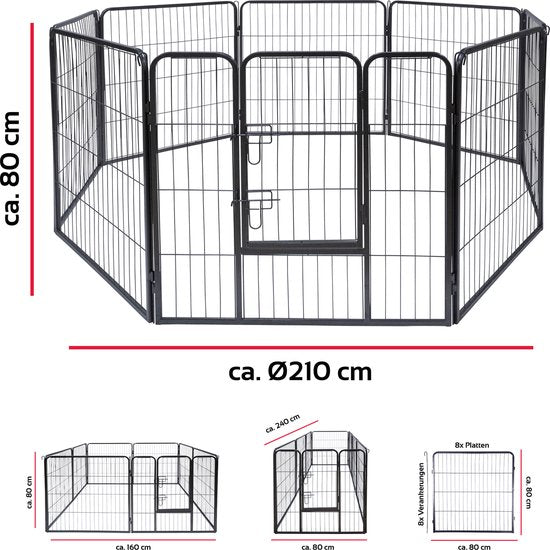 maxxpro Puppy Run Foldable - Parc à chien, parc à lapin et parc à chat - Parc avec 8 panneaux - Chenil 210x80cm - Chenil à monter sans outils - Noir