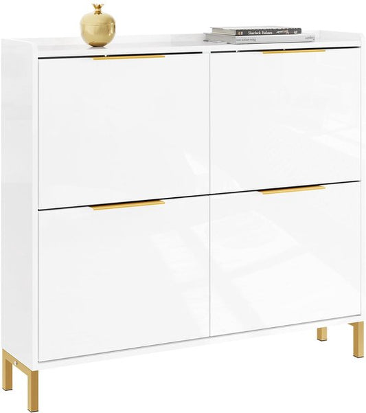 SoBuy FSR206-GW Shoe Cabinet Entrance - Ultrathin 19 cm - High Gloss White and Gold - Pour hall d'entrée, couloir, petit espace, avec protection contre l'inclinaison et protection du sol - 100x19x88.5 cm