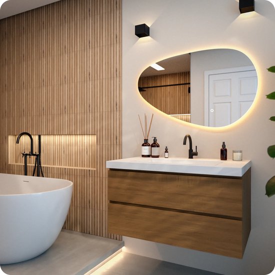 Mirlux Miroir de salle de bain avec éclairage LED et chauffage - Miroir mural asymétrique - Miroir de douche anti-condensation - 100x62.5CM