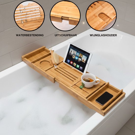 Bayt Planche de bain - Support de bain - Planche de bain en bois - Pont de bain - Planche de bain en bambou - Réglable - 75-109 CM