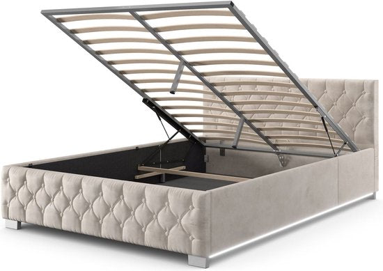 Lit rembourré Nizza - 140 x 200 cm - Beige - LED Lighting & Bed Drawer