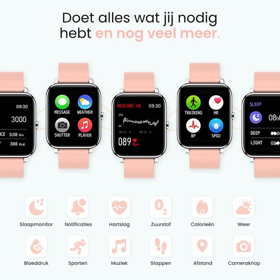 MAOO AMPLIFY Smartwatch - Protection d'écran incluse - Fréquence cardiaque, pression artérielle, saturation sanguine, sommeil, distance - Podomètre - Smartwatch femmes - Montre - Cadeau de Noël - Rose