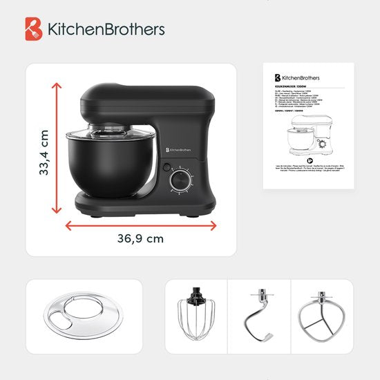 KitchenBrothers Robot de cuisine - Robot de cuisine - 5L - Batteur avec bol mélangeur - Batteur de cuisine - 1200W - Noir mat