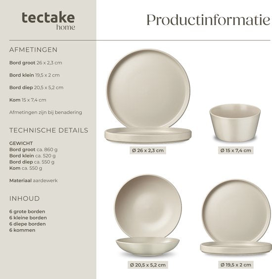 tectake® Service de vaisselle Una - 24 pièces - Faïence - 6 personnes - Service de vaisselle élégant et durable - Ensemble d'assiettes avec grandes et petites assiettes, bols, coupes - Taupe