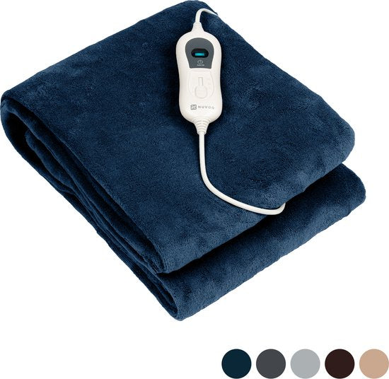 Nuvoo Couverture chauffante électrique - Polaire - 180x160 cm- XXL - Arrêt automatique - Protection contre la surchauffe - 3 niveaux - 120W - 2 personnes - Couverture - Bleu