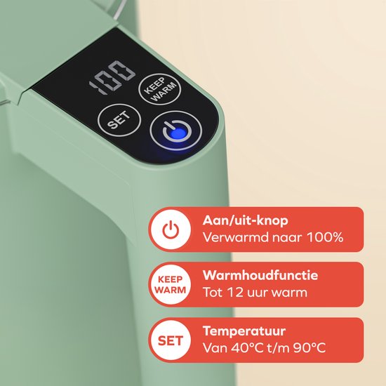 KitchenBrothers Bouilloire - 1,7L - Avec contrôle de la température - Électrique - Fonction maintien au chaud - Affichage - Double paroi - Cool-touch - 2200W - Vert pastel
