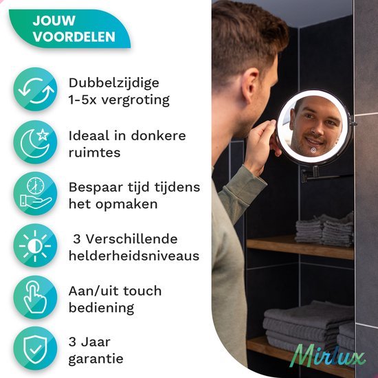 Miroir de maquillage avec éclairage Led - grossissement 5X - Miroir mural rond - Miroir de rasage modèle mural - Salle de bain - Douche - Noir