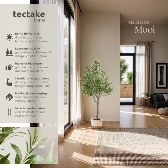 tectake® Olivier artificiel Oleand - Plante artificielle méditerranéenne avec feuilles et olives réalistes - Facile d'entretien et polyvalent - Pot de fleurs robuste inclus - Hauteur : 120 cm