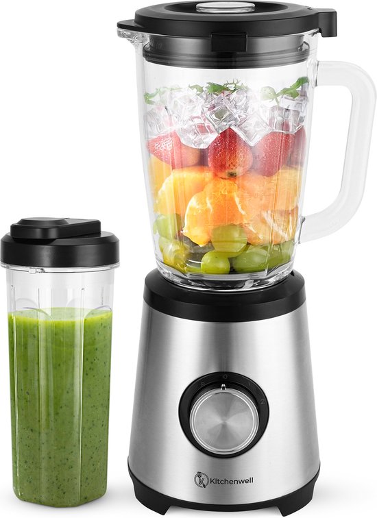 Mixeur - Kitchenwell - Bledner à smoothie - 1300 watts avec gobelet - 1,75 litre - Récipient en verre - Acier inoxydable
