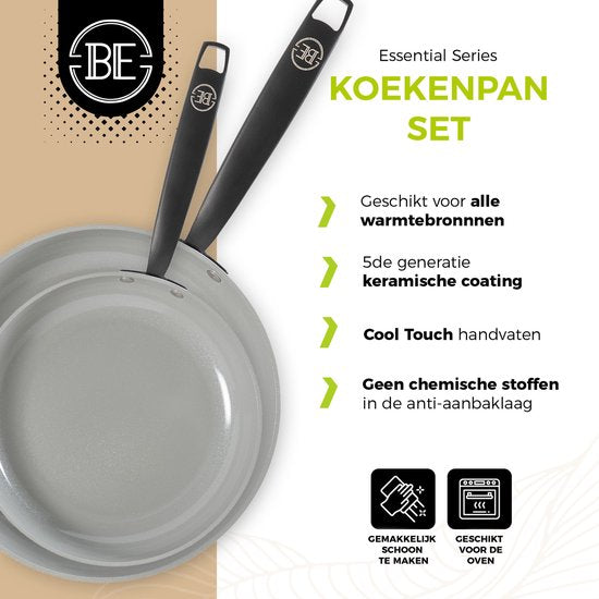 BE Living 2-Piece Frying Pan Set - Ø 24 & 28 cm - Poêle à frire - Céramique - Antiadhésif sans PFAS - Poêles à induction - Set de poêles - Gris - Essential Series