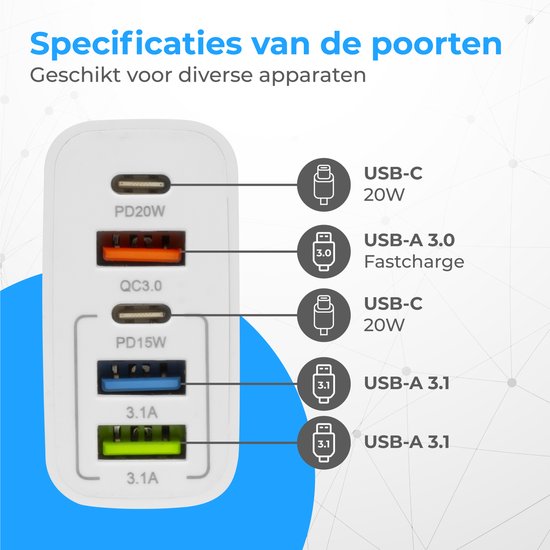 Nuvance - Adaptateur USB - 5 Ports - Prise USB - Chargeur USB - Convient à tout câble USB - Blanc