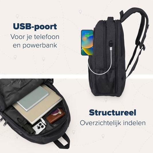 TRVLMORE Sac à dos - 28L - 15.6 inch - Sac à dos pour ordinateur portable - Sac d'école - Unisex - Splashproof Black