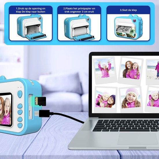 K&L® 3 IN 1 Digital Kids Camera + Instant print + play camera - 32GB micro sd card - camera kids - Vlog camera with games - Photo camera for kids - Small size toy - With video function - Blue