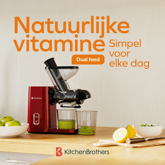 KitchenBrothers Slowjuicer - Mini presse-agrumes - Presse-légumes et fruits - Alimentation 40 mm et 50 mm - 400 ml - Rouge