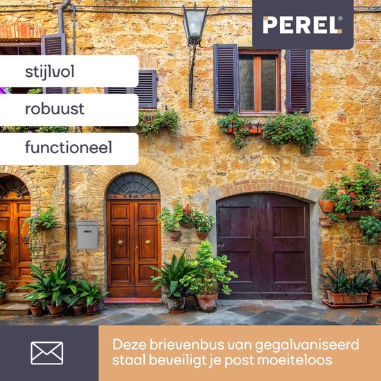 Perel Boîte aux lettres avec plaque signalétique, boîte aux lettres murale Ibiza, montage mural, avec serrure, couvercle, verrouillable, 2 clés incluses, acier galvanisé, 36 x 26 x 8 cm, gris argenté
