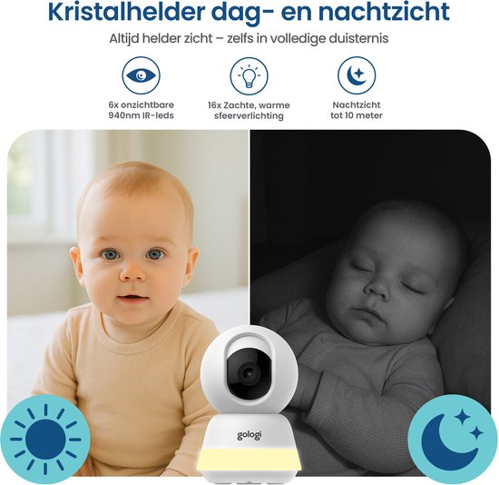 Gologi Baby Monitor avec caméra - Baby Monitor - Baby Camera - Télécommandé via l'application et l'écran - Blanc