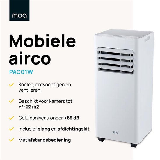 Climatiseur mobile - MOA - 3-en-1 - Déshumidificateur et Ventilateur - télécommande - classe énergétique A - pour pièces jusqu'à 60m³ - Blanc