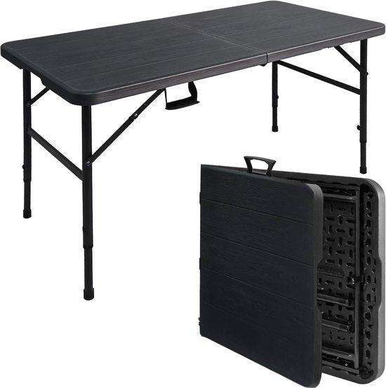 LifeGoods Table pliante - 124x61.5 cm - Table pliante robuste - Résiste aux intempéries - Table de salle à manger pliante - Table de camping - Table pliante pour l'intérieur et l'extérieur - Grain de bois noir