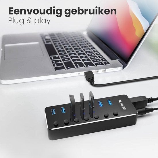 Auronic USB Hub 3.0 - Répartiteur USB avec 7 ports - avec alimentation - 5 GBP - Indication Led - Noir