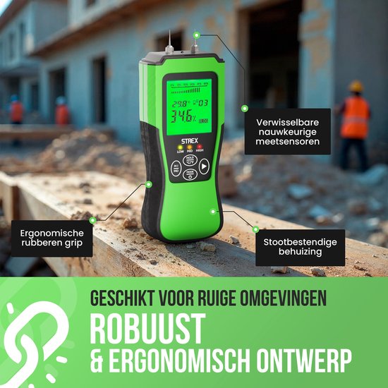 Strex Moisture Meter Digital - Pour le bois et les matériaux de construction (y compris la pierre, le plâtre et le béton) - Affichage LCD - Humidity Meter - Moisture Malls - Incl. Batteries & Storage Case