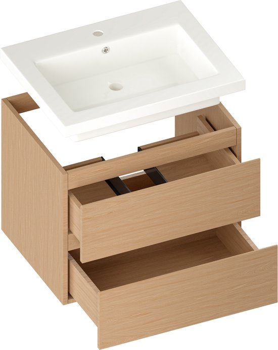 Mirlux Meuble de salle de bains Chêne clair 60 cm - Lavabo Blanc - Ensemble de meubles de salle de bains - Meuble lavabo Chêne clair