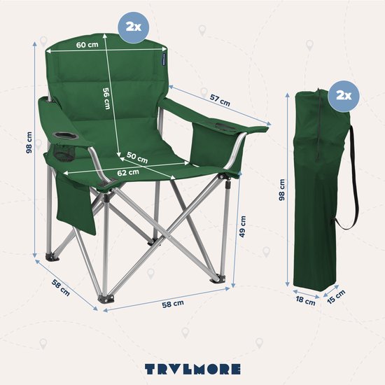 TRVLMORE Chaises de camping XL - pliables - 2-Pack - Capacité de charge 150KG - Sac de transport inclus - Chaise pliante - Chaise de pêche - Chaise de camping - Chaise pliante - Vert