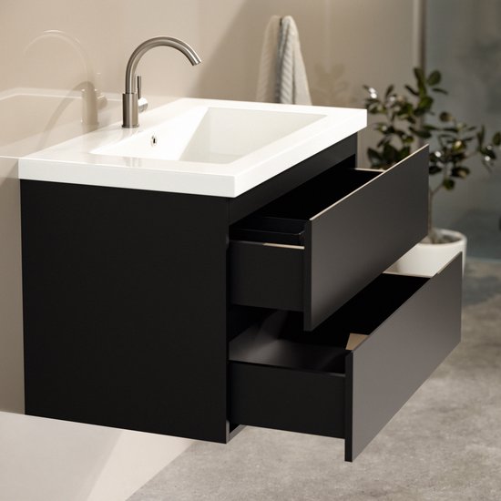 Mirlux Tapis de salle de bains Noir 80 cm - Lavabo Blanc - Meubles de salle de bains - Tapis de salle de bains Noir