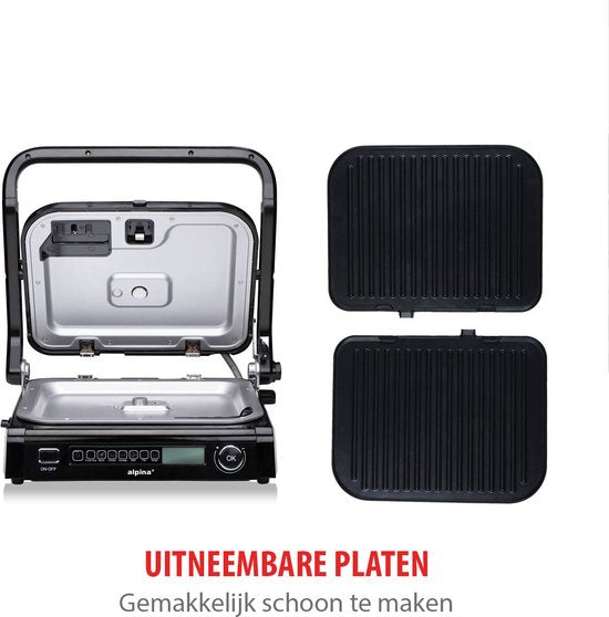 alpina Contact Grill 2100W - Appareil à sandwich avec 7 supports de gril - Gril de table avec plaques amovibles - Gril à panini 37,6 x 33,1 cm - Revêtement antiadhésif - acier inoxydable/Aluminium