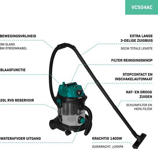 VONROC Aspirateur eau et poussière / Aspirateur - 1400W - Mise en marche automatique - Fonction soufflage - Réservoir inox 20L - Flexible 3m - Câble d'alimentation 6m