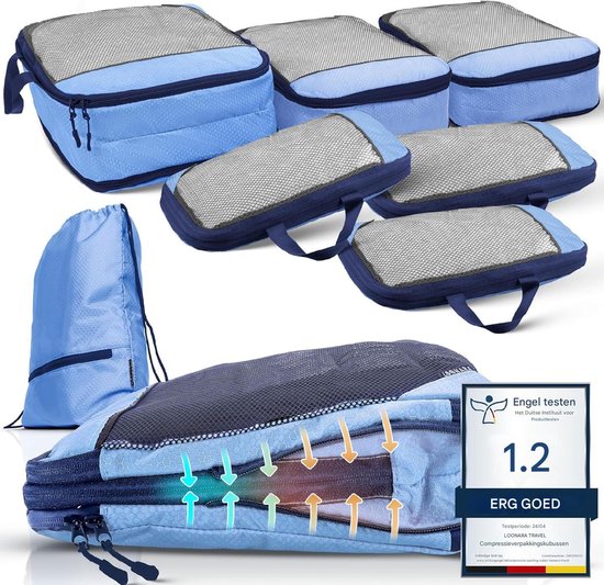 Packing Cubes Set of 7 - avec compression pour valise et sac à dos incl. sac d'emballage, Mariner's Azure - Blue