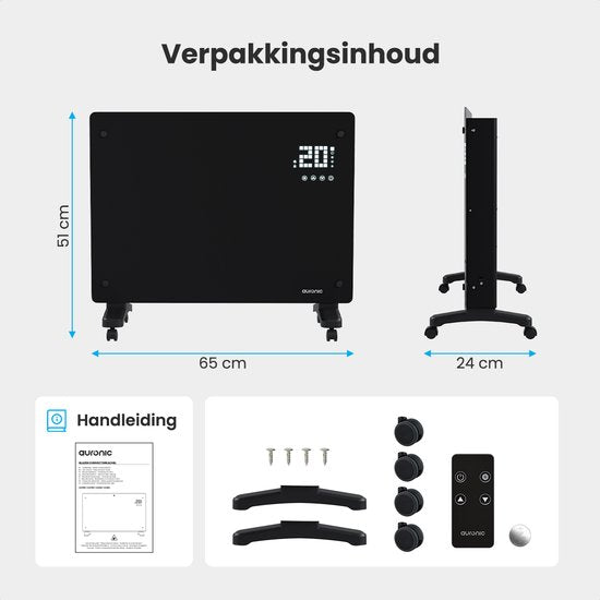 Auronic Electric Heater - Convector Heater with Thermostat and Remote Control - Glass Panel Heater - 1500W Heater - Black