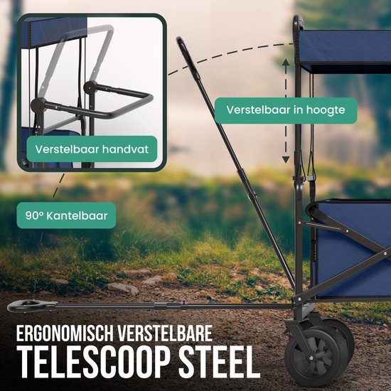 Avalo Bolderkar Avec Toit XL Pliable - Capacité de charge jusqu'à 110KG - 120L - 97x60x105 CM - Roues 360º - Bolderwagen / Bolderwagen / Chariot de plage / Chariot de randonnée / Bolderkar pliable - Pour la plage - Bleu