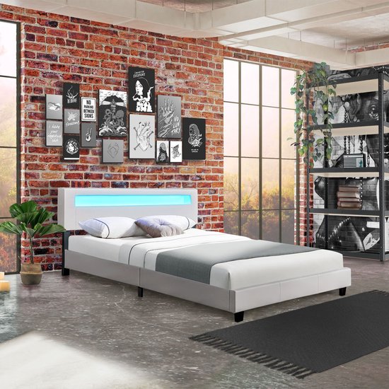 Lit capitonné Paris - 160 x 200 cm - Blanc - Eclairage LED