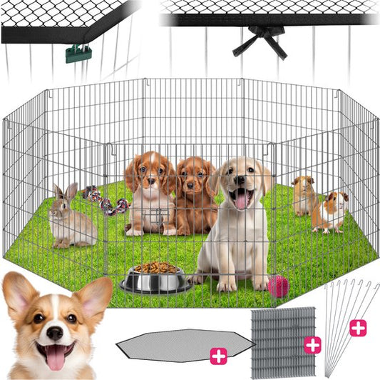 tectake® - Enclos extérieur avec filet de sécurité - Clapier pliable et extensible - Petits animaux, lapins, clôture pour chien, clapier extérieur - Enclos extérieur - Ø 145 x 73 cm