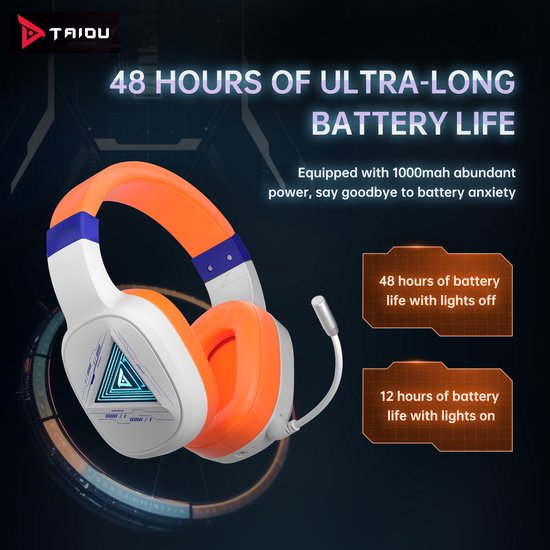 TAIDU THS320Pro - Casque de jeu sans fil 2,4GHz - Casque Bluetooth - avec microphone - Convient pour PS4/PS5, Nintendo Switch - Multiplateforme - Blanc Orange